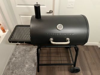 NEW Master Forge Barrel Charcoal Grill – Fully Assembled, Never Used – With Side Shelf & Thermometer