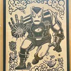 Attack Peter Wooden Framed Iron Man Linocut Art Print #23/150