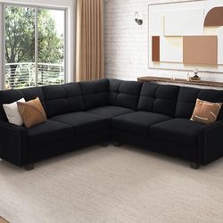 HONBAY Convertible Sectional Sofa L Shaped Couch for Small Apartment Reversible Sectional Couch for Living Room,Velvet Black