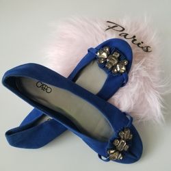 Cato Royal Blue Faux Suede Embellishments large Chungy Rhinstone Flat Ballerinas