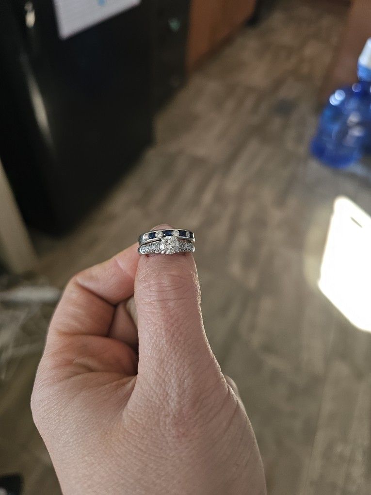 Diamond Engagement Ring And Diamond And Sapphire Wedding Band