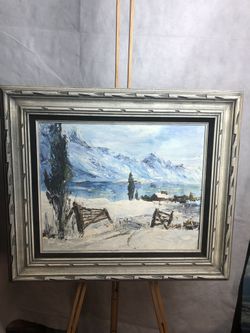 Oil Painting Signed Irene, Snowed In Village By Mountains And Forest River, Vintage Wood Frame, Medium Wall Art Ready To Hang