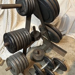 320 pound Weight Set Including Stand, Straight Bar, and Curling Bar 