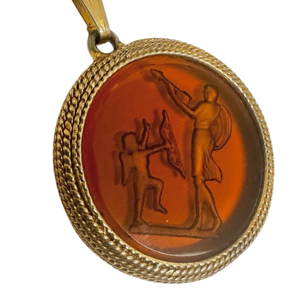 Goldette Vintage Amber Glass Intaglio of Venus and Cupid Pendant on gold tone chain