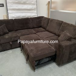 New Plush Chocolate Sectional Sofa Bed With Storage, Brown Sectional, Sofa, Couch, Corduroy Sectional Couch With Pull-out Bed, Sofabed, Sleeper Sofa 