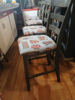 4 matching barstool chairs Coca-Cola fabric upholstered