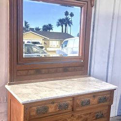 Gorgeous Antique Victorian Eastlake Carved Walnut Burl Marble Top Dresser & Mirror
