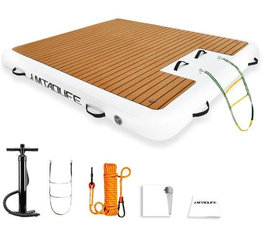 Inflatable Floating Dock with Wood Grain EVA, Non-Slip Water Floating Dock Swim Platform with Detachable Ladder Swim Deck Raft Water Platform for Lake
