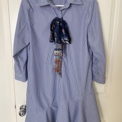 Women stripped Blue Shirtdress with Tie