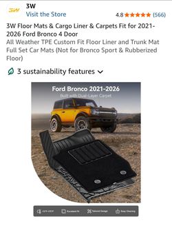 3W Floor Mats & Cargo Liner & Carpets Fit for 2021- 2026 Ford Bronco 4 Door All Weather TPE Custom Fit Floor Liner and Trunk Mat Full Set Car Mats (No