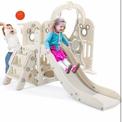 Swing Slide for Kids, 6 in 1 Slide Climber for Toddler, with Ball & Hoop,  (White) H-23
