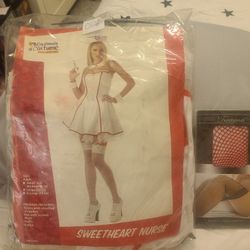 New. Sweetheart Nurse Costume And Thigh High Fishnet Stockings.