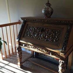 Antique hand carved secretary desk with “coats of arms” carving & skeleton key