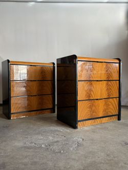 Vintage Art Deco Revival Blonde Wood Nightstands – Pair