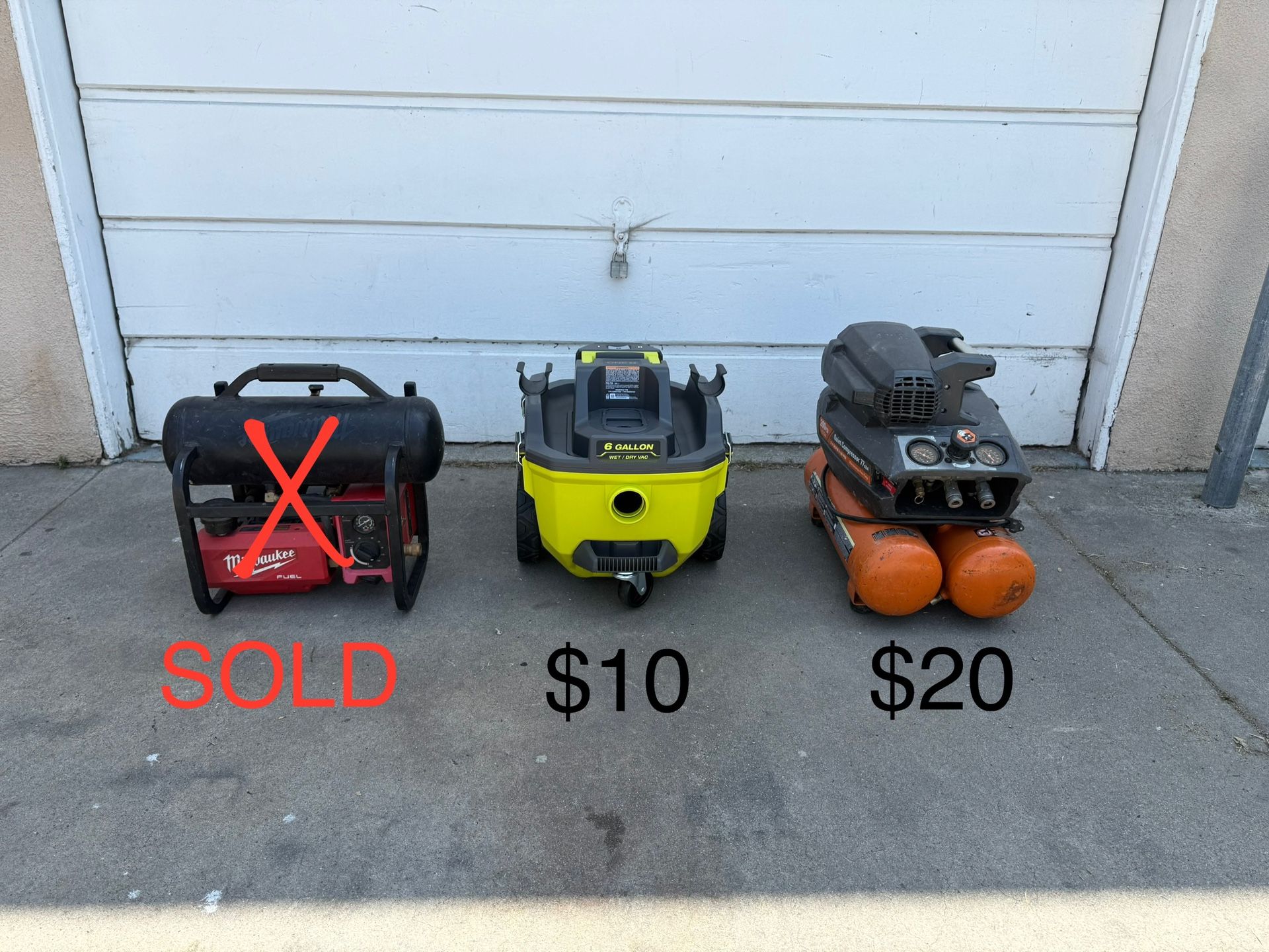 **Non Working** Ridgid 4.5 Gal Corded Compressor, Ryobi 18V 6 Gal Vacuum