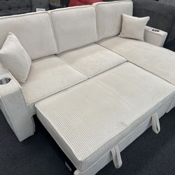 New Beige Reversible Sectional W/ Cup Holder