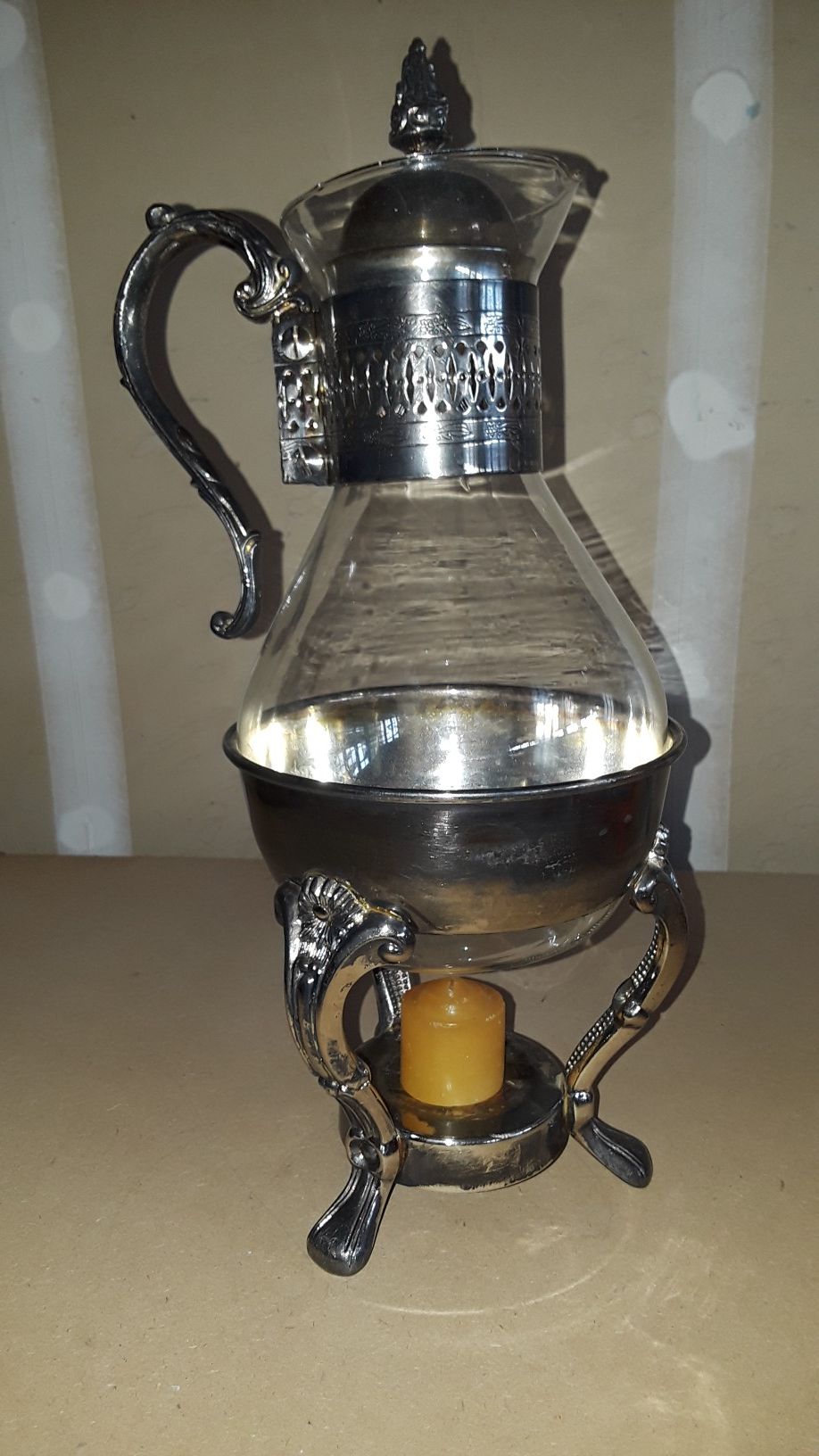 Vintage white brass/ crystal coffe/ tea warmer