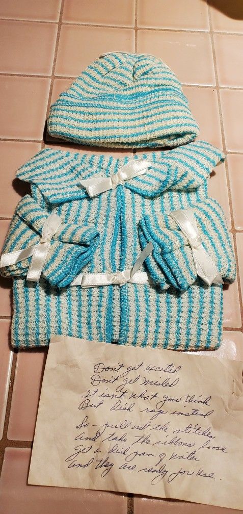 Baby Shower Gift. Hat And Jacjet Made Of Dish Cloths. And 4 Baby Hangers