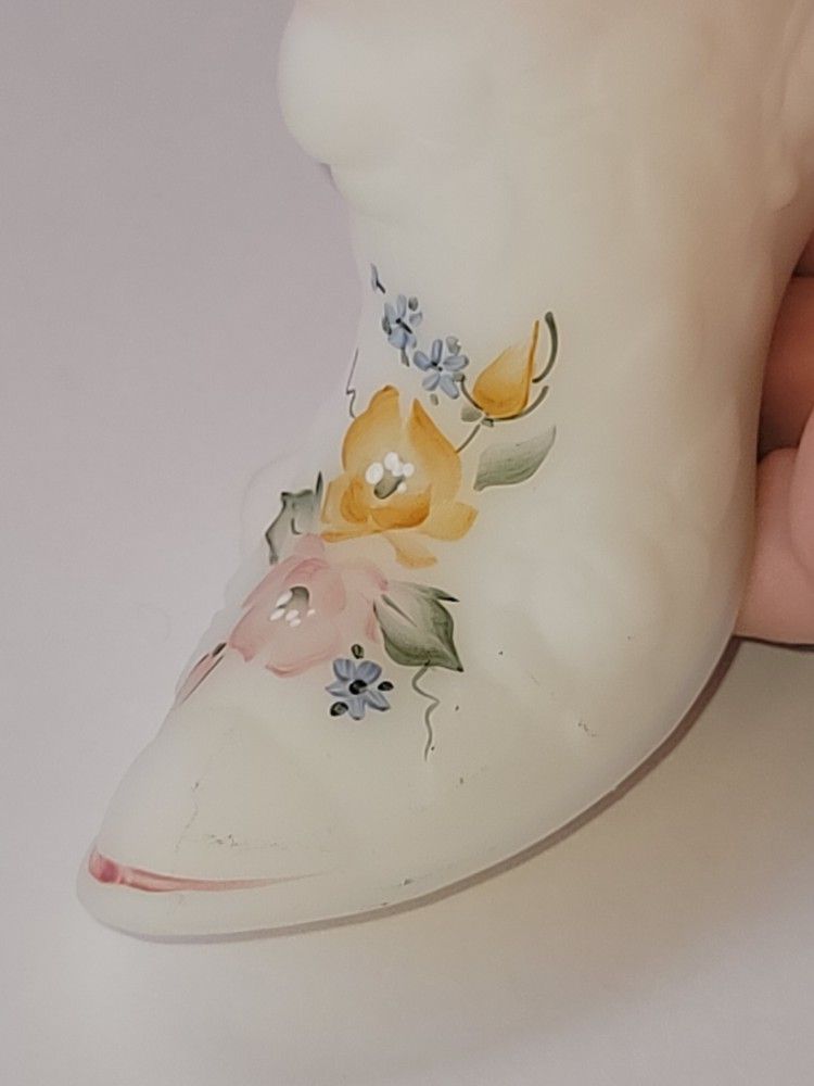 Vintage Fenton Rose Slipper in Satin White, Pink w Hand Painted Flowers, Signed