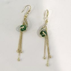 GOLD DANGLE EARRINGS WITH GREEN GEM AND CRYSTALS 