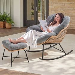 Papasan Rocking Chair with Ottoman, Oversized Papasan Chair, Light Gray Indoor & Outdoor Rocker Chair with Padded Cushion for Living Room, Patio, Gard