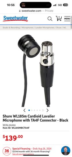 Shure WL185m Cardioid Lavalier Microphone with TA4F Connector - Black