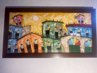 Cuban Whimsical Buildings on Canvas - Original Framed Painting