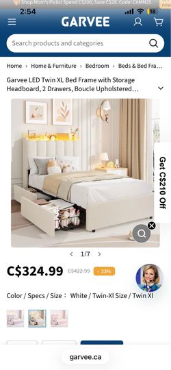 Twin XL Upholstered bed with Storage & LED Lights