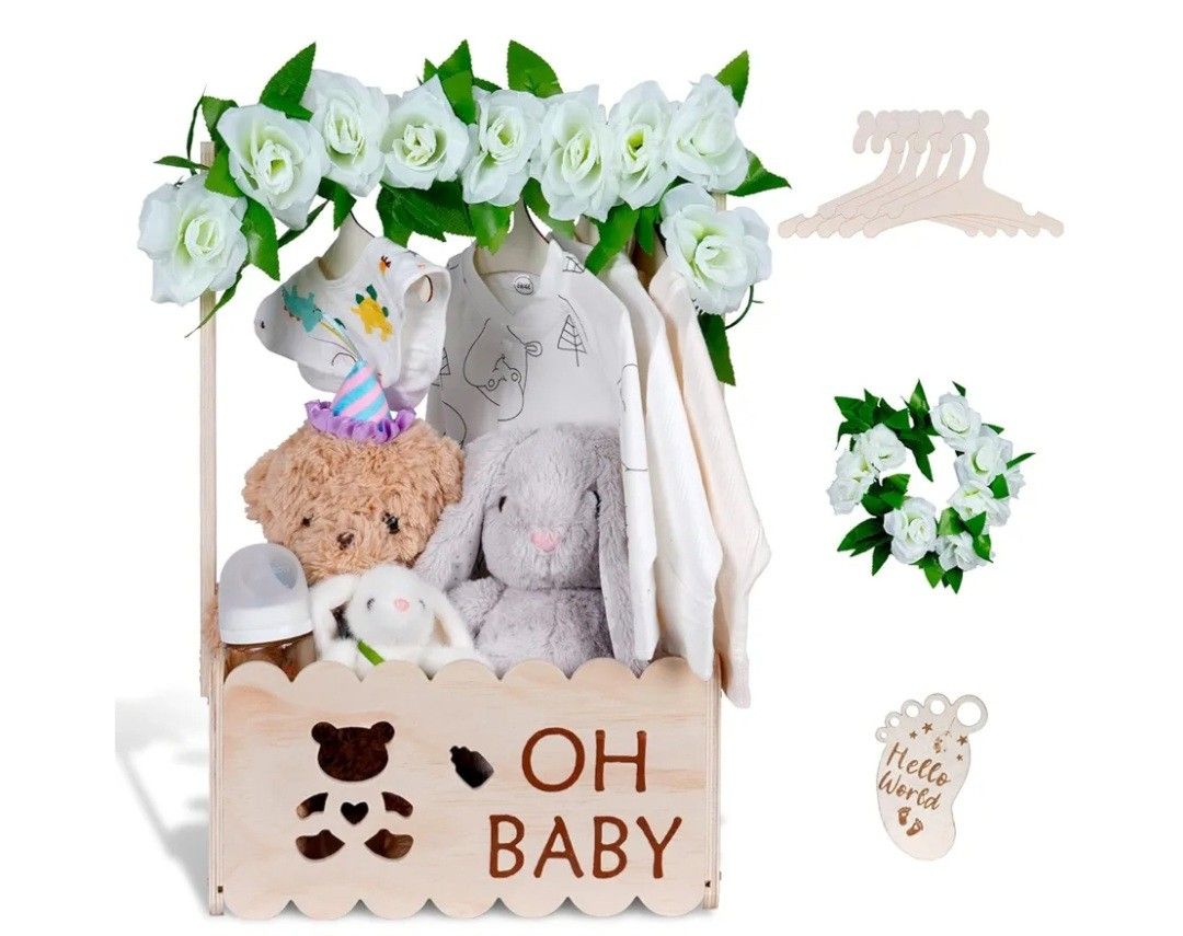 Wooden Baby Shower Crate Closet with Handle,Storage Basket,Baby Clothes Hangers, Newborn Boy Girl Welcome Gift Basket,Easy Assembly Baby Baskets for B