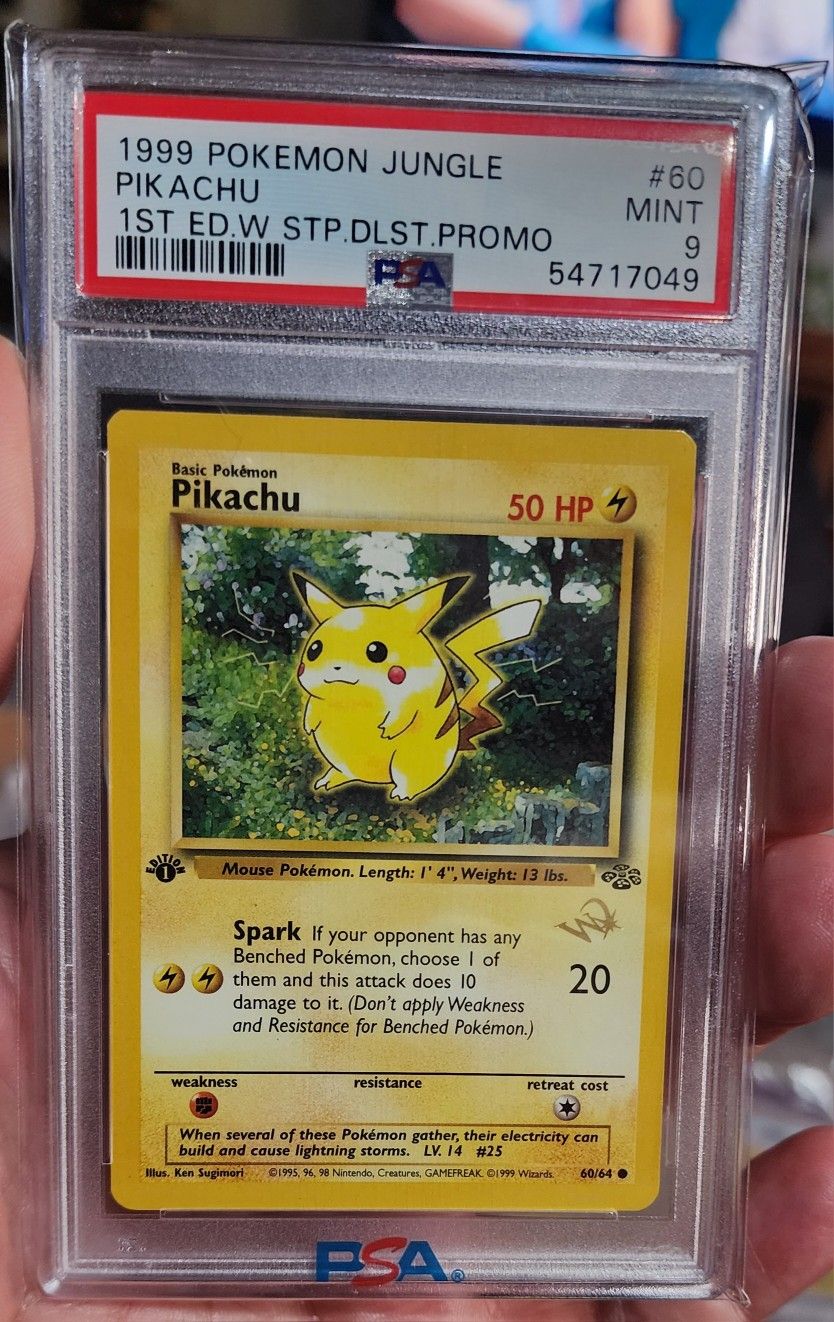 FS/NFT - PSA 9 - 1999 POKEMON PIKACHU FIRST EDITION BASE SET DUEL "W" GOLD STAMP #60