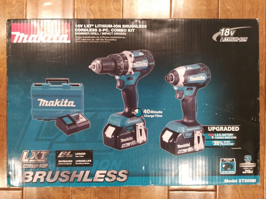 Makita 18-Volt LXT Lithium-Ion Brushless Cordless Hammer Drill and Impact Driver Combo Kit (2-Tool) w/ (2) 4Ah Batteries, Case