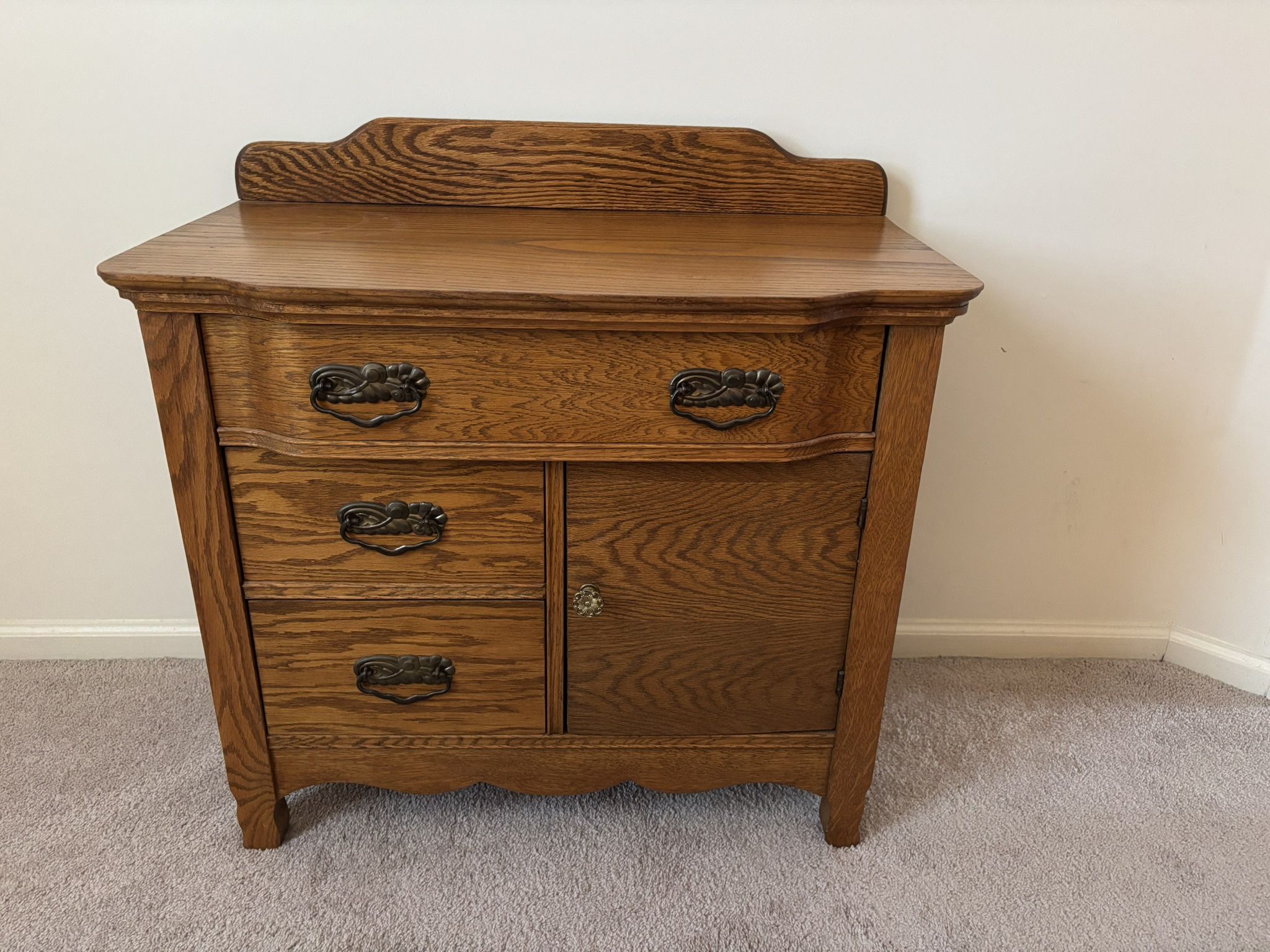 Antique Oak Wood Washstand, Dry Sink, Chest of Drawers, Cupboard, Cabinet,Dresser, 3 drawers, 1 door compartment, steel handles, 32”W x 32”H x 18”D, e