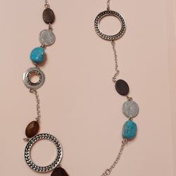 Long Jules Necklace Silvertone With Turquise Rock