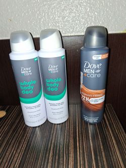 NEW 2 cans of Dove Men + Care Alluminum Free Whole Body Deodorant  "Aloe and Bamboo" 1 can "Morning Fresco" Deodorant Spray
