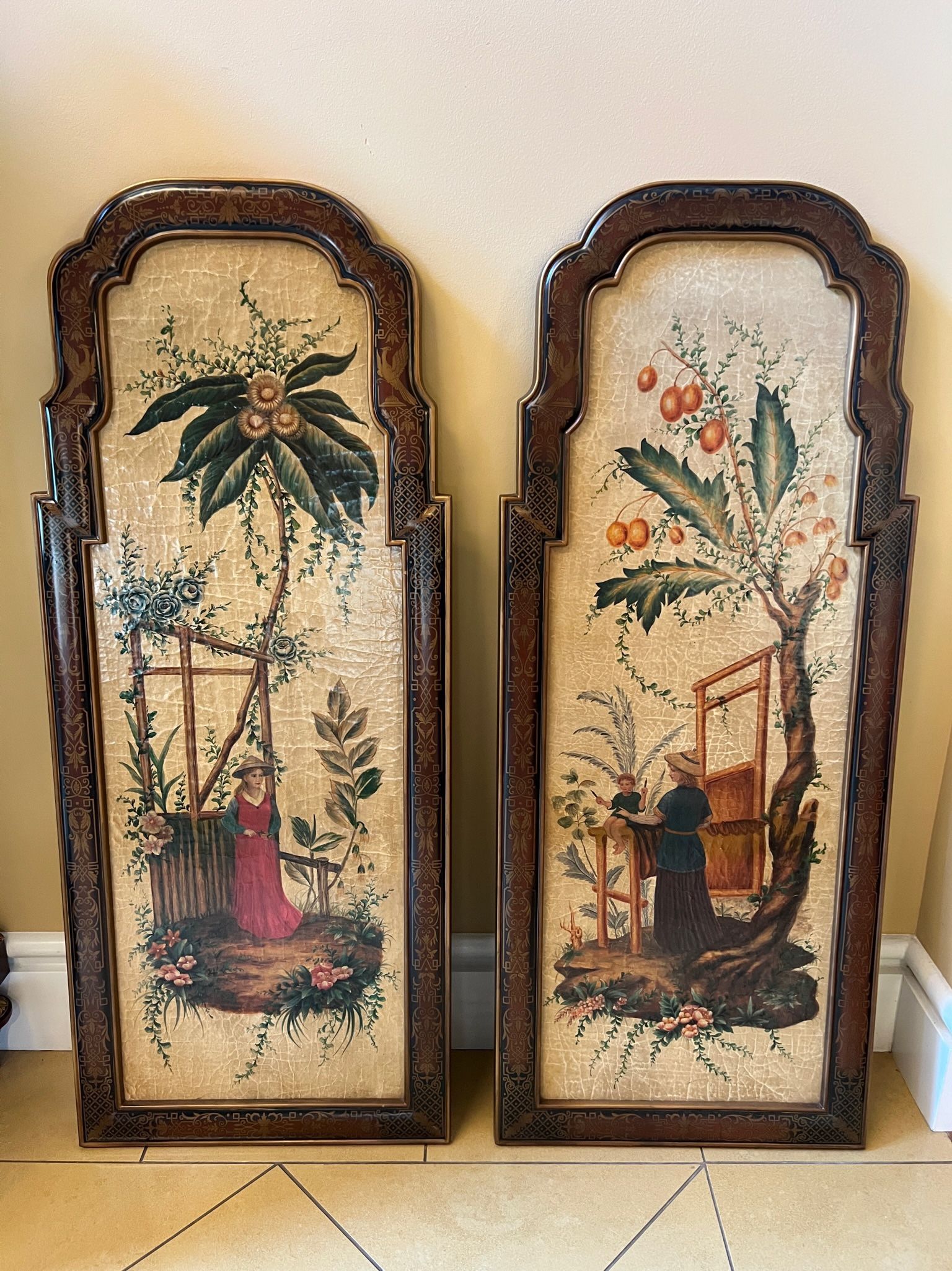 2 Vintage Decorative Detailed Chinese Wood Composite Panels Art Set