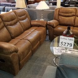 Brand New Brown Synthetic Fabric Manual Reclining Sofa + Loveseat 2PCs Set