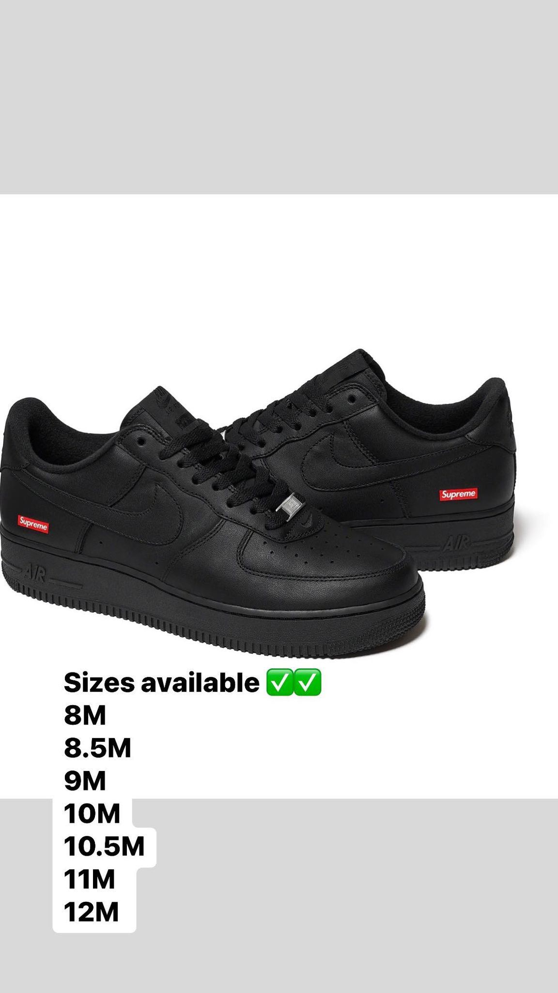 Supreme Black Air Force 1 Sizes 8M 8.5 9 10 10.5 11 & 12.