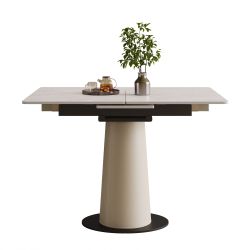 Retractable Rock Slab Folding Dining Table, Modern Square Expandable Table with Leather-Wrapped Stainless Steel Base, Dual-Purpose Space Saving Kitche