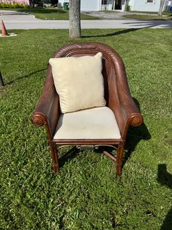 Brown Leather Rattan Barrel Accent Chair