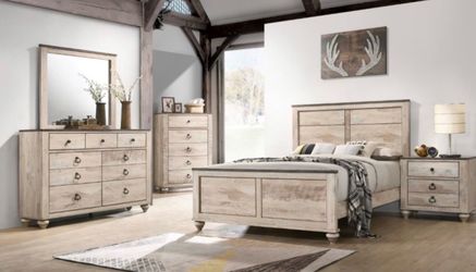 Washed walnut complete wood bedroom set in queen or king size