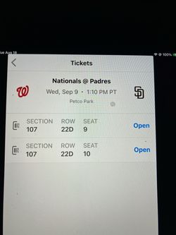 2 PADRES/ NATIONALS TICKETS, WEDNESDAY, 9/9, SEC 107, ROW 22D