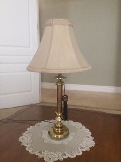 Elegant Asian Style Brass Table Lamp w/Gold Cylinder Arm w/Black and Gold Tasseled Cube.
