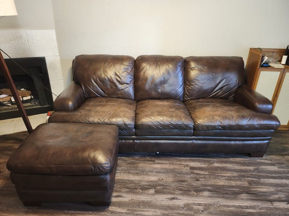 Brown Leather Couch With Ottoman