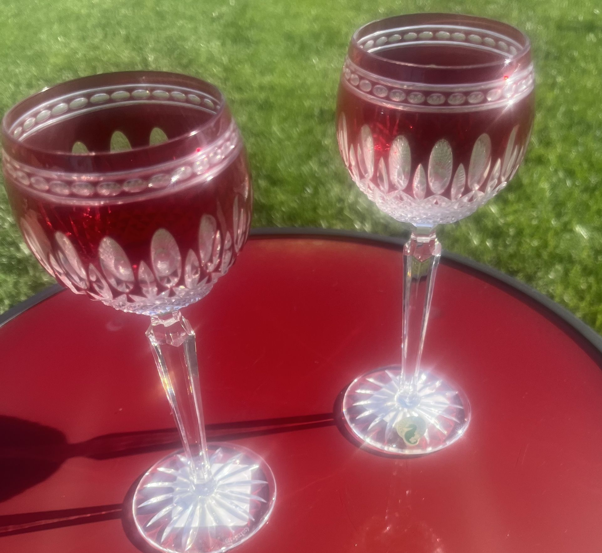 Pair Of  Waterford Crystal Clarendon Ruby Cut to Clear Hocks Wine Glasses