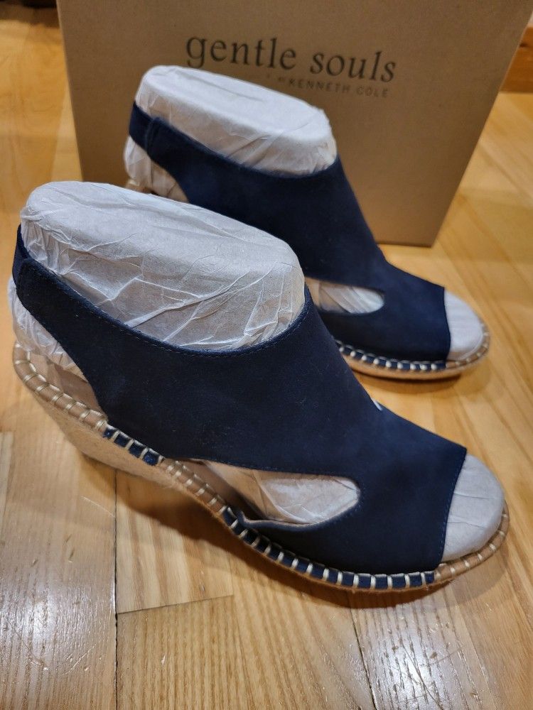 Gentle Souls By Kenneth Cole Navy Suede Cody Espadrille Wedge Sandal Womens 10 M