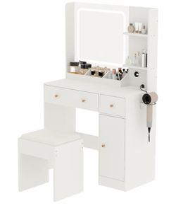 ( Small damage) Vanity Desk with Mirror and Lights,Power Outlet,Makeup Vanity Table Set with Storage Drawers Shelves Cabinet& Chair,3 Lighting Modes &