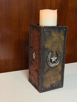 Western "God Bless Cowboys" embossed floral scrollwork Pillar Candle Holder