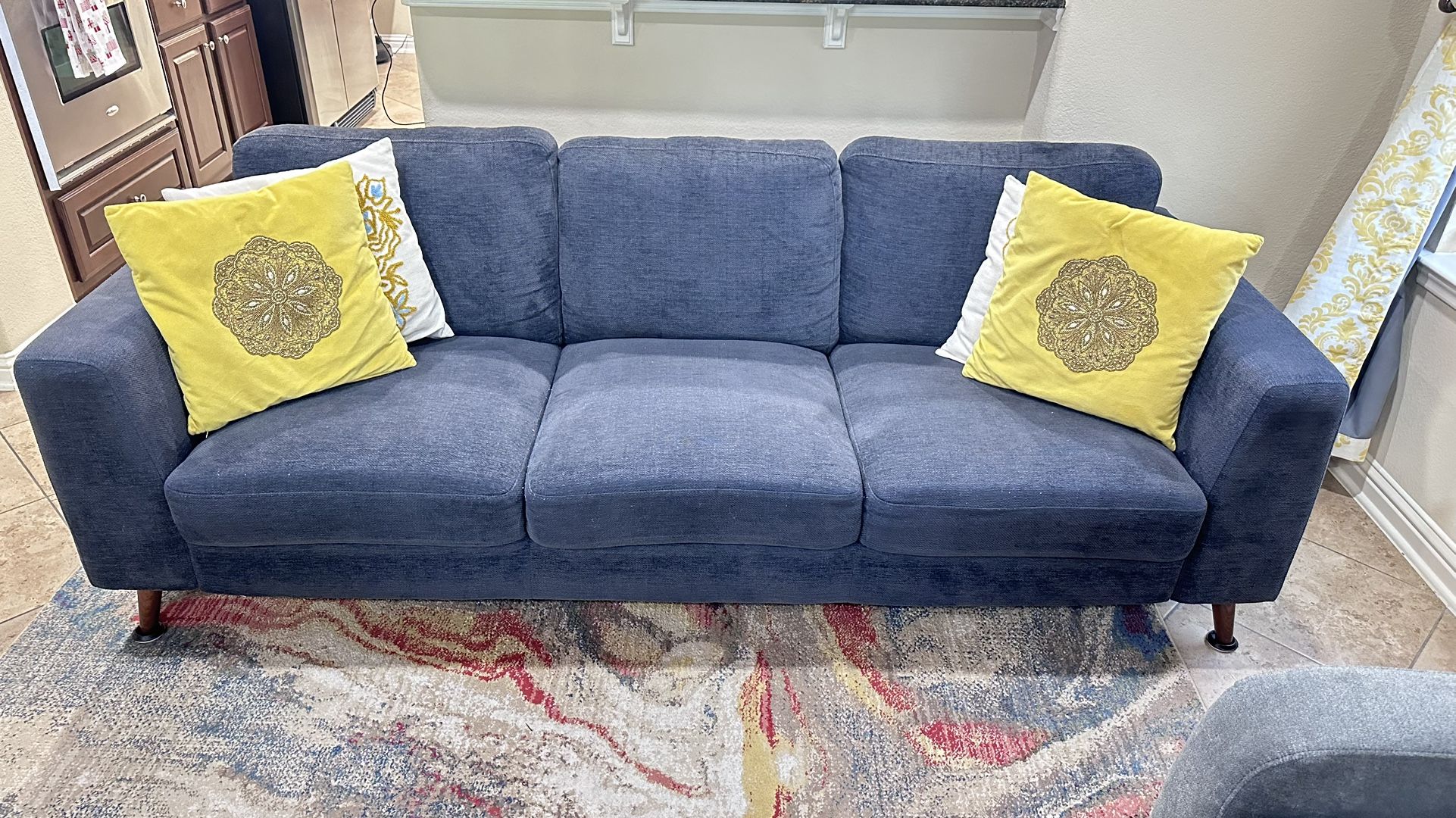 Midnight Blue Sofa with Four Pillows and Blue Cover 89"W x 33"D x 36"H)