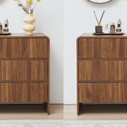 Set of 2 Fluted 4 Drawers Dresser, Mid Century Modern Storage Dresser, Large Dresser with Curved Profile Design, 31.5" Wood Dresser for Bedroom Living