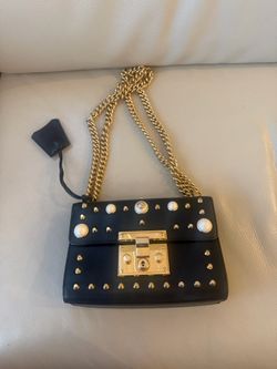 Gucci Black Leather Crossbody with Gold Chain & Pearls